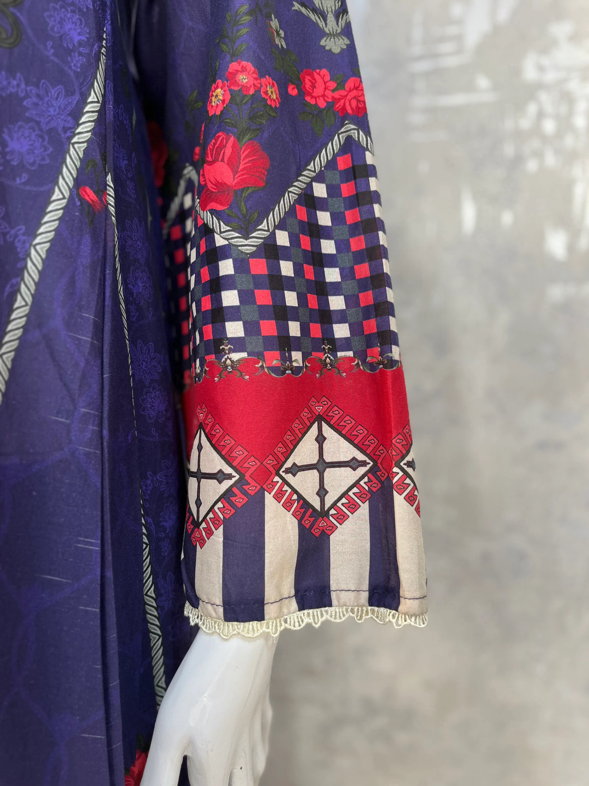 Deep Purple Floral Lawn Kaftan 3 Piece Suit | Embroidered Neckline & Geometric Borders