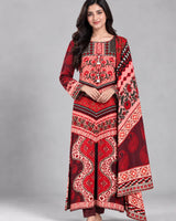 Bright Red Printed Lawn 3 Piece Kaftan Suit | Ornate Neckline & Matching Dupatta