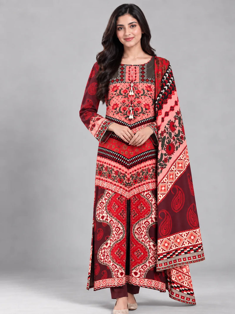 Bright Red Printed Lawn 3 Piece Kaftan Suit | Ornate Neckline & Matching Dupatta