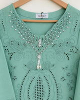 Aqua Blue Embellished 3-Piece Stitched Suit with Bamber Dupatta