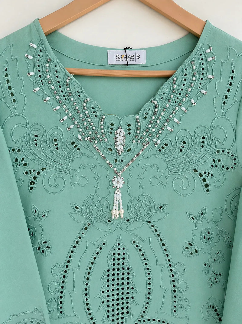 Aqua Blue Embellished 3-Piece Stitched Suit with Bamber Dupatta