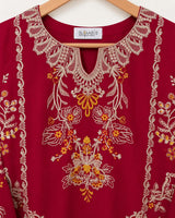 Crimson Red Floral Embroidered Lawn 3-Piece Stitched Suit with Bamber Chiffon Dupatta & Plain Trousers