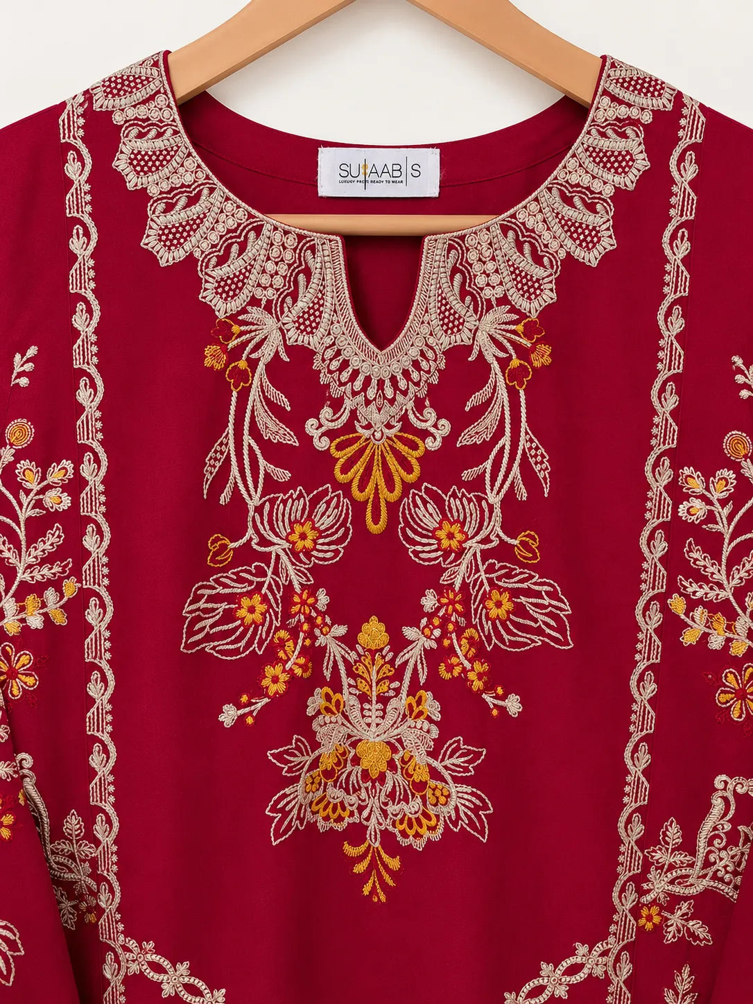 Crimson Red Floral Embroidered Lawn 3-Piece Stitched Suit with Bamber Chiffon Dupatta & Plain Trousers