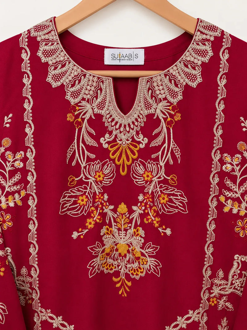 Crimson Red Floral Embroidered Lawn 3-Piece Stitched Suit with Bamber Chiffon Dupatta & Plain Trousers