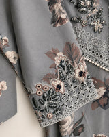 Grey Floral Printed & Embroidered 3-Piece Stitched Suit with Doriya Dupatta