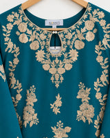 Teal Blue Embroidered Aari Work 3-Piece Stitched Suit with Bamber Dupatta