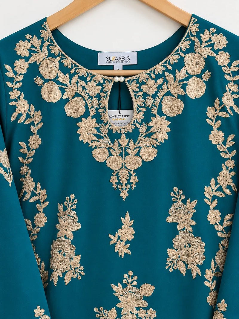 Teal Blue Embroidered Aari Work 3-Piece Stitched Suit with Bamber Dupatta