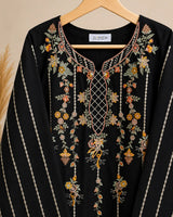 Black Embroidered 3-Piece Stitched Suit with Rust & Ochre Threadwork & Bamber Dupatta
