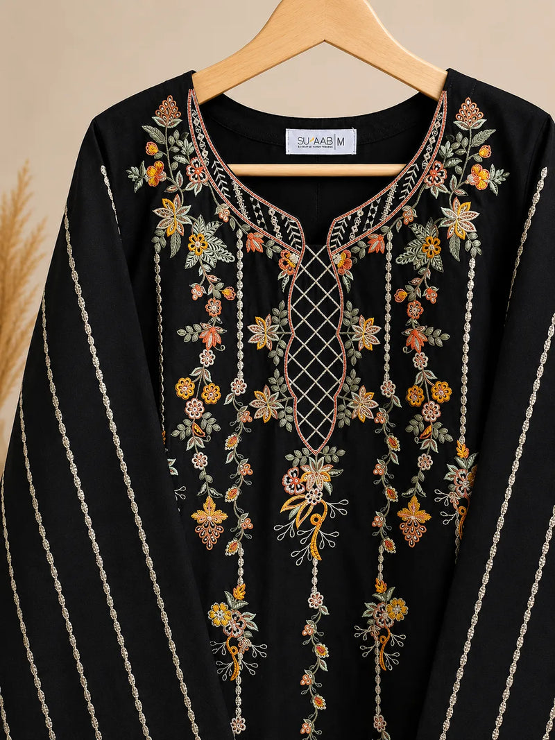 Black Embroidered 3-Piece Stitched Suit with Rust & Ochre Threadwork & Bamber Dupatta