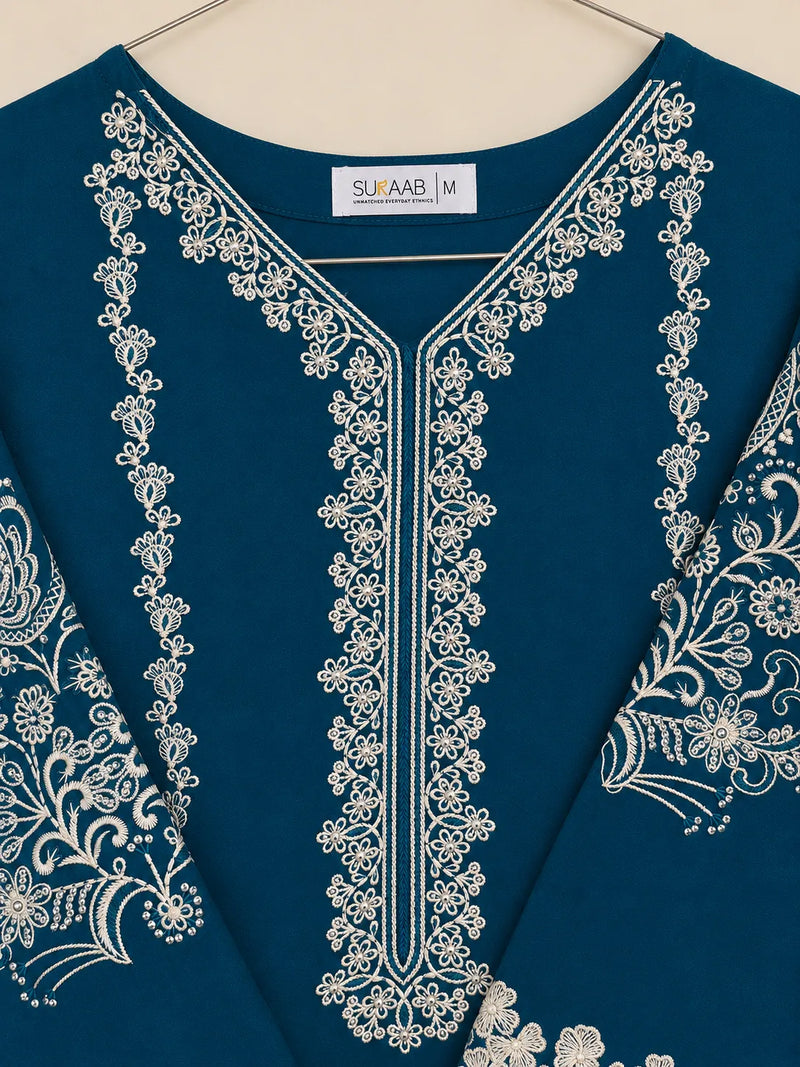 Teal Blue Embroidered Lawn 3-Piece Stitched Suit with Bamber Chiffon Dupatta & Plain Trousers