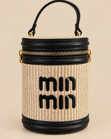 Min Min Woven Straw Cylinder Vanity Box Bag | Black Leather Trim Crossbody Purse