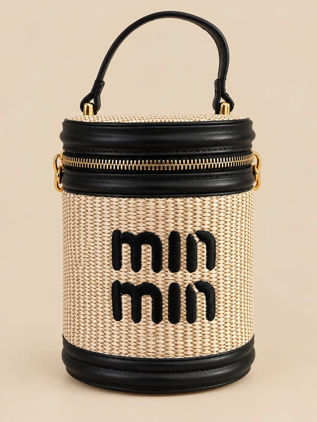 Min Min Woven Straw Cylinder Vanity Box Bag | Black Leather Trim Crossbody Purse