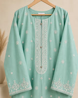 Aqua Blue Embroidered Short Shirt & Trouser 3-Piece Suit with Bamber Dupatta