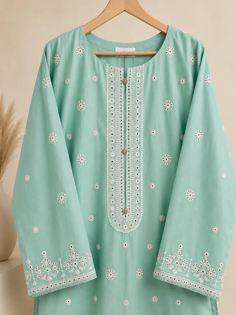 Aqua Blue Embroidered Short Shirt & Trouser 3-Piece Suit with Bamber Dupatta