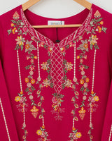 Shocking Pink Floral Embroidered Lawn 3-Piece Stitched Suit with Bamber Chiffon Dupatta & Plain Trousers