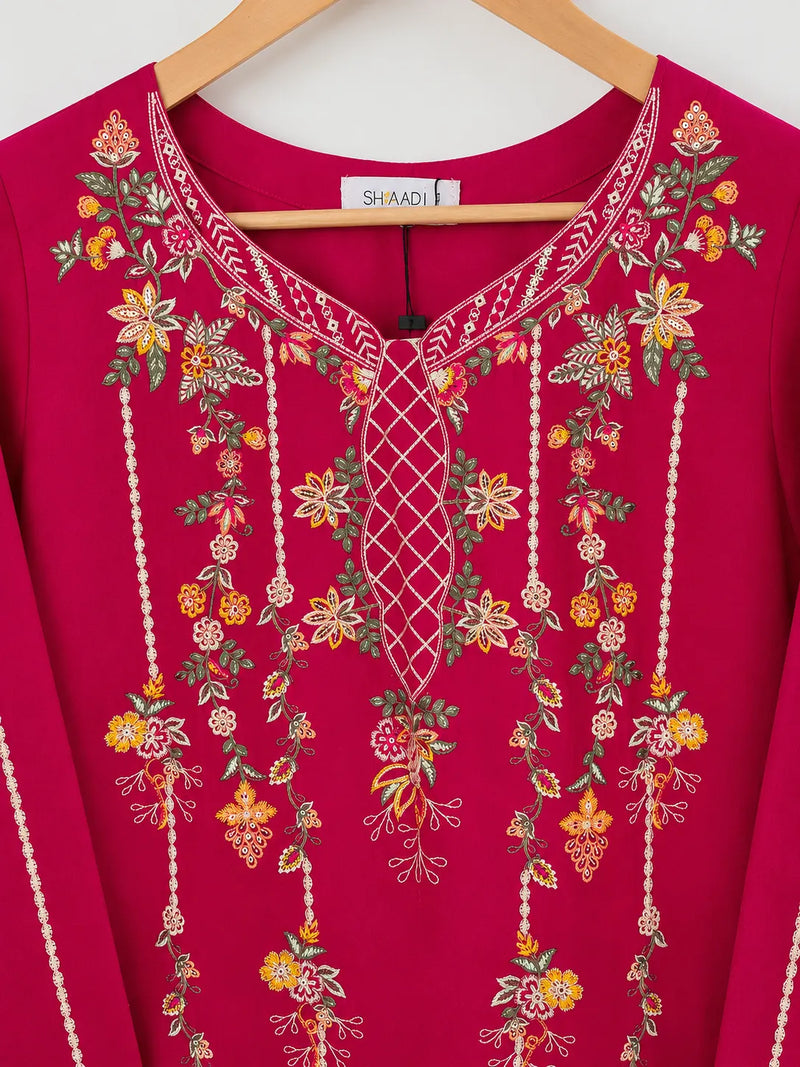 Shocking Pink Floral Embroidered Lawn 3-Piece Stitched Suit with Bamber Chiffon Dupatta & Plain Trousers