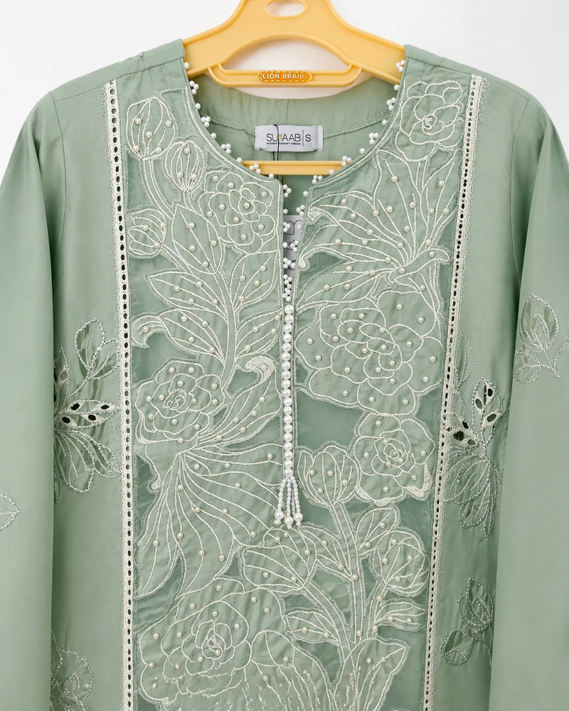 Aqua Blue Embroidered 3-Piece Stitched Suit with Organza Patch Sleeves