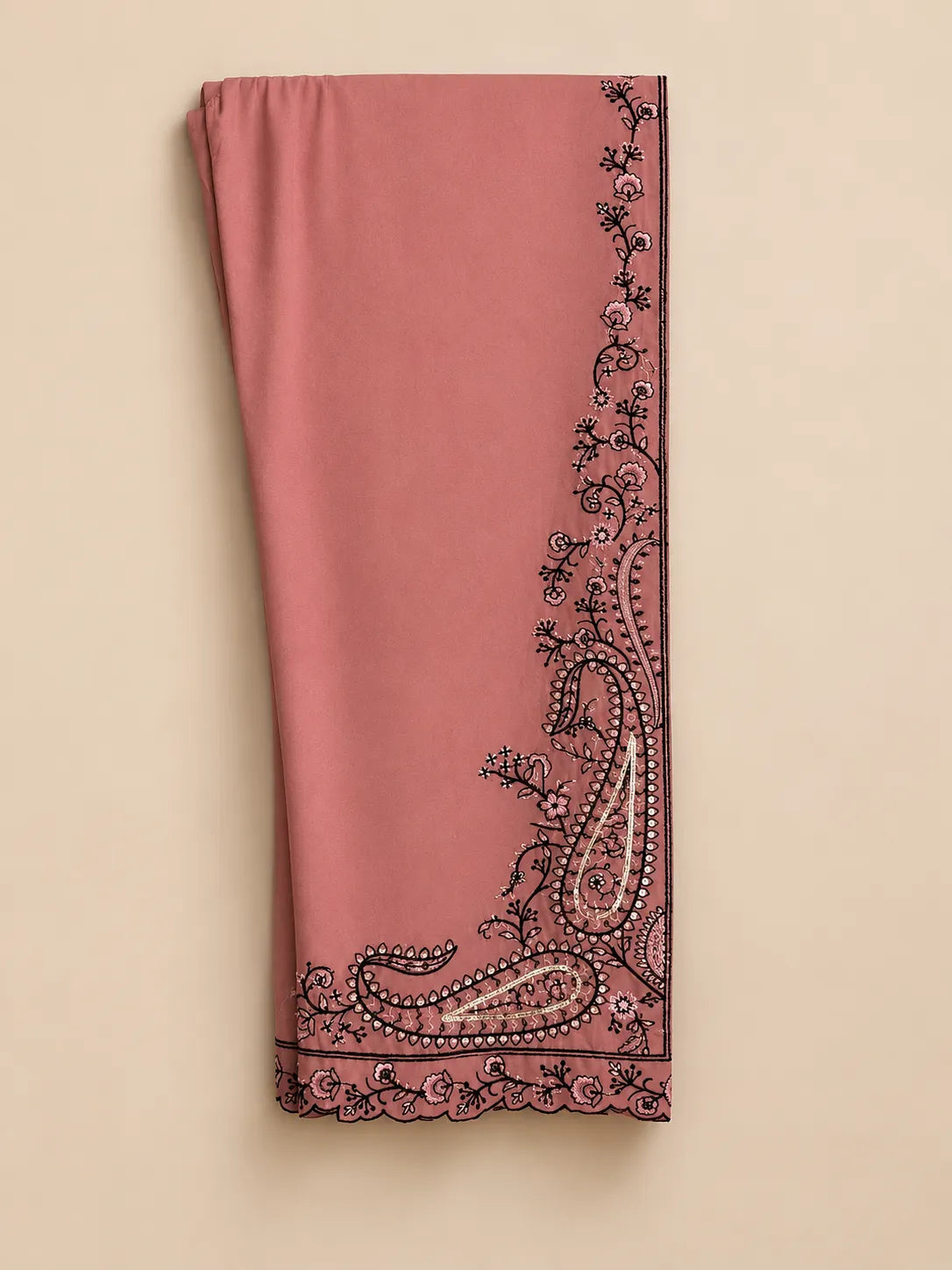 Salmon Pink & Black Paisley Embroidered Lawn 3-Piece Stitched Suit with Doriya Dupatta & Embroidered Trouser