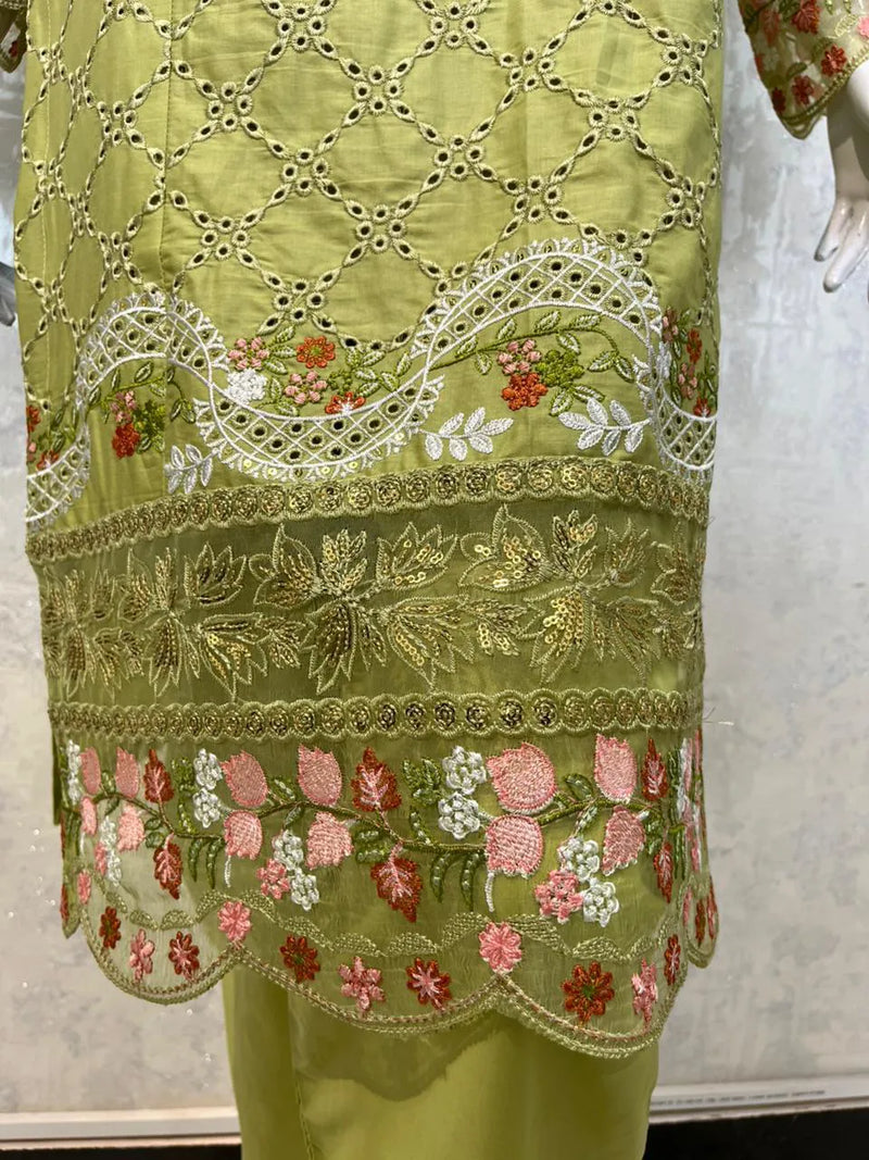 Lime Green Embroidered Chikankari 3-Piece Stitched Suit with Chiffon Dupatta