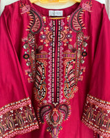 Shocking Pink Embroidered Lawn 3-Piece Stitched Short Suit with Farshi Shalwar & Silk Dupatta