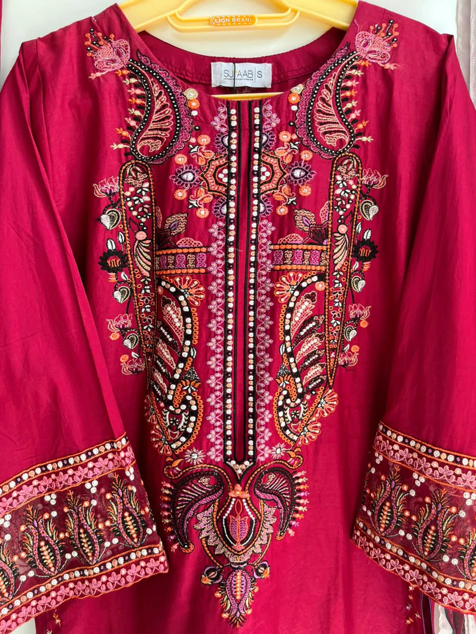 Shocking Pink Embroidered Lawn 3-Piece Stitched Short Suit with Farshi Shalwar & Silk Dupatta