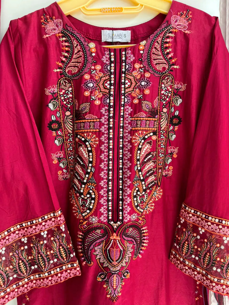 Shocking Pink Embroidered Lawn 3-Piece Stitched Short Suit with Farshi Shalwar & Silk Dupatta