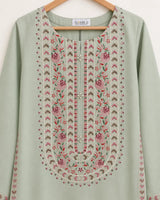 Pistachio Green Floral Embroidered Lawn 3-Piece Stitched Suit with Off-White Embroidered Trouser & Chiffon Dupatta