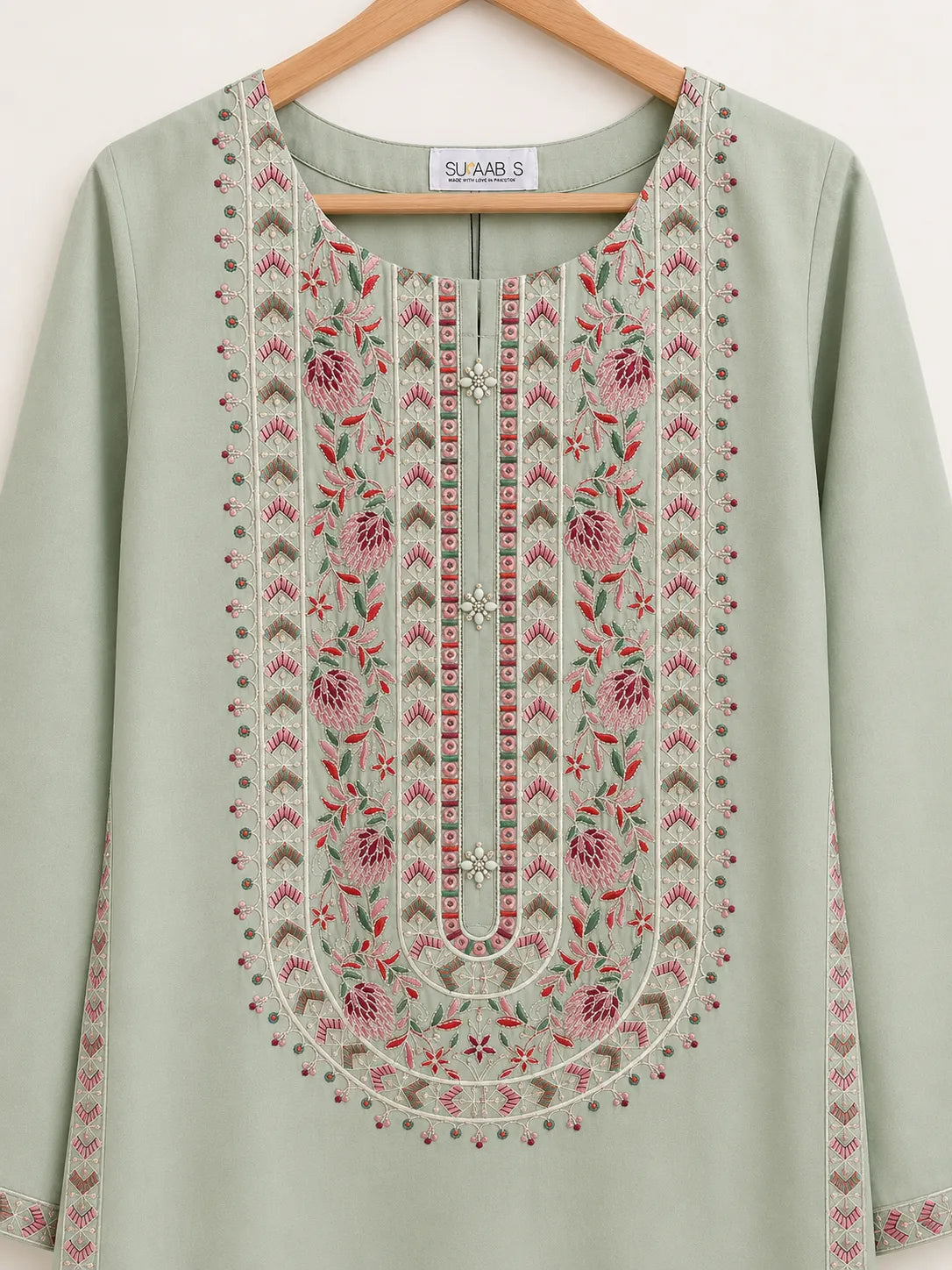 Pistachio Green Floral Embroidered Lawn 3-Piece Stitched Suit with Off-White Embroidered Trouser & Chiffon Dupatta