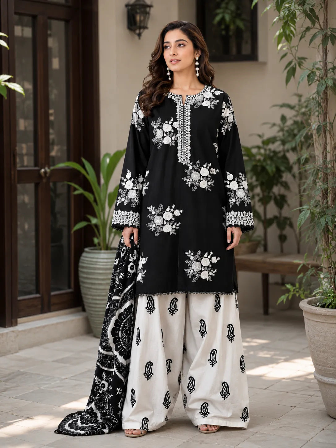 Black & White Embroidered Lawn 3-Piece Shalwar Kameez Suit with Bamber Dupatta