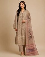 Beige Embroidered 3-Piece Stitched Suit with Printed Dupatta