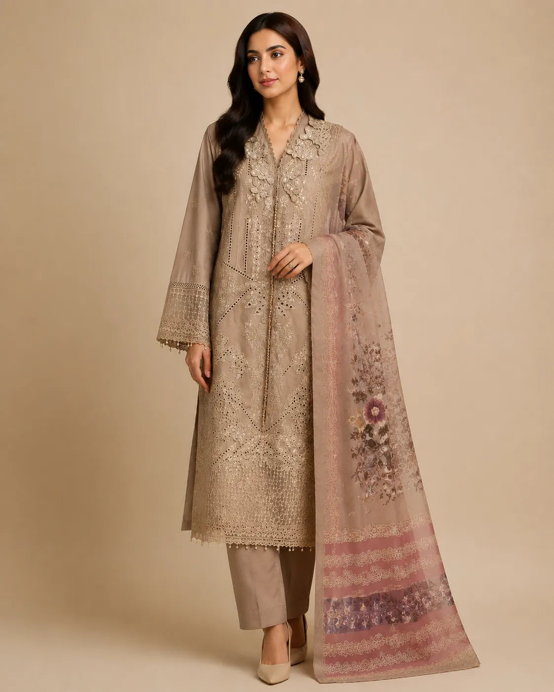 Beige Embroidered 3-Piece Stitched Suit with Printed Dupatta