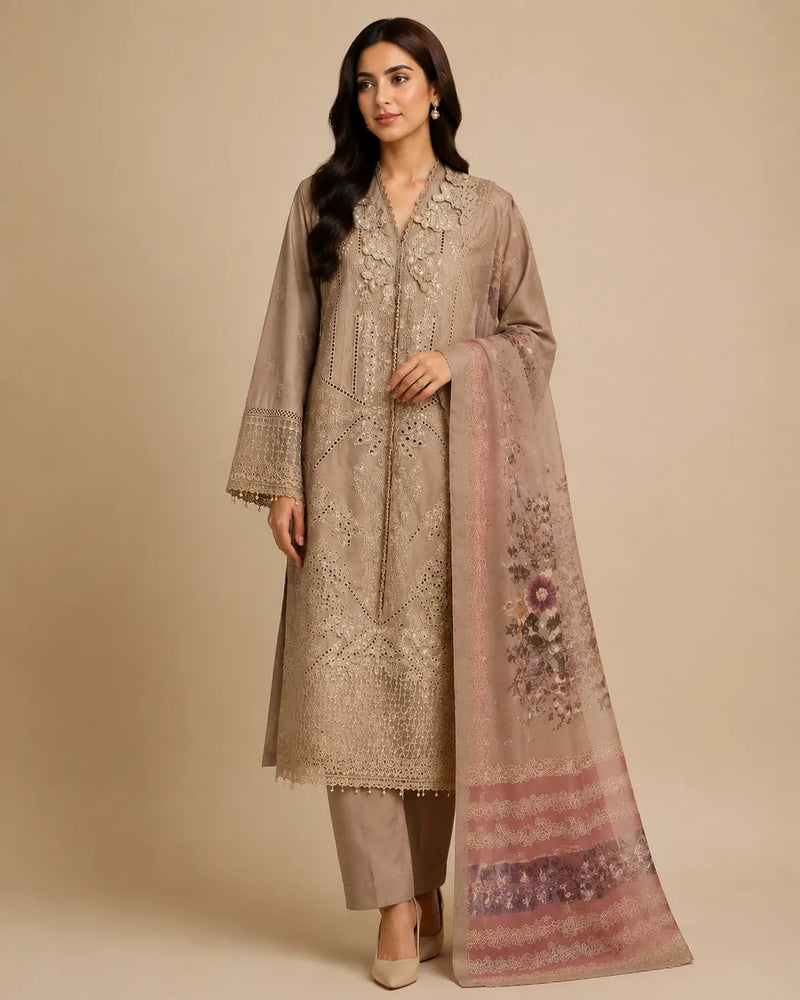 Beige Embroidered 3-Piece Stitched Suit with Printed Dupatta
