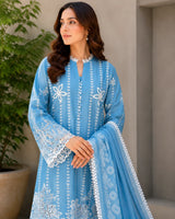 Powder Blue Floral Embroidered 3-Piece Stitched Lawn Suit with White Trousers & Dupatta