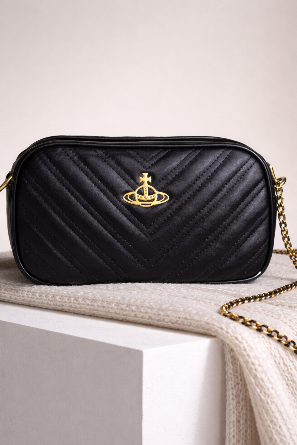 Black Quilted Ladies Crossbody Bag | Gold Orb Chain Strap Purse