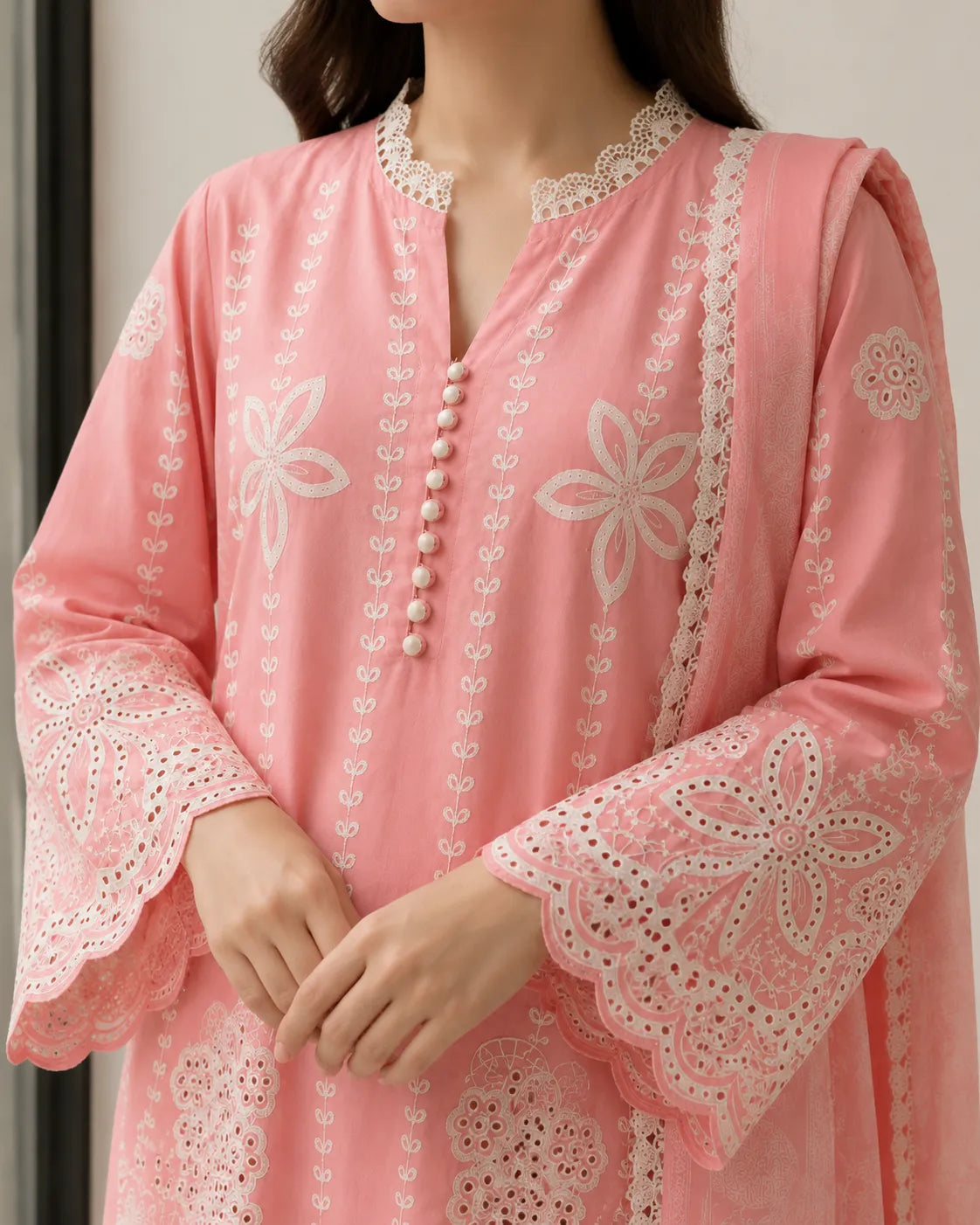 Baby Pink Floral Embroidered 3-Piece Stitched Lawn Suit with White Trousers & Dupatta