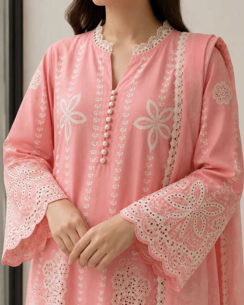 Baby Pink Floral Embroidered 3-Piece Stitched Lawn Suit with White Trousers & Dupatta
