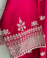 Crimson Red Floral Embroidered Lawn 3-Piece Stitched Suit with Off-White Embroidered Trouser & Chiffon Dupatta