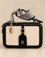 Black & Cream Woven Leather Box Bag | Scarf Top-Handle Trunk Purse