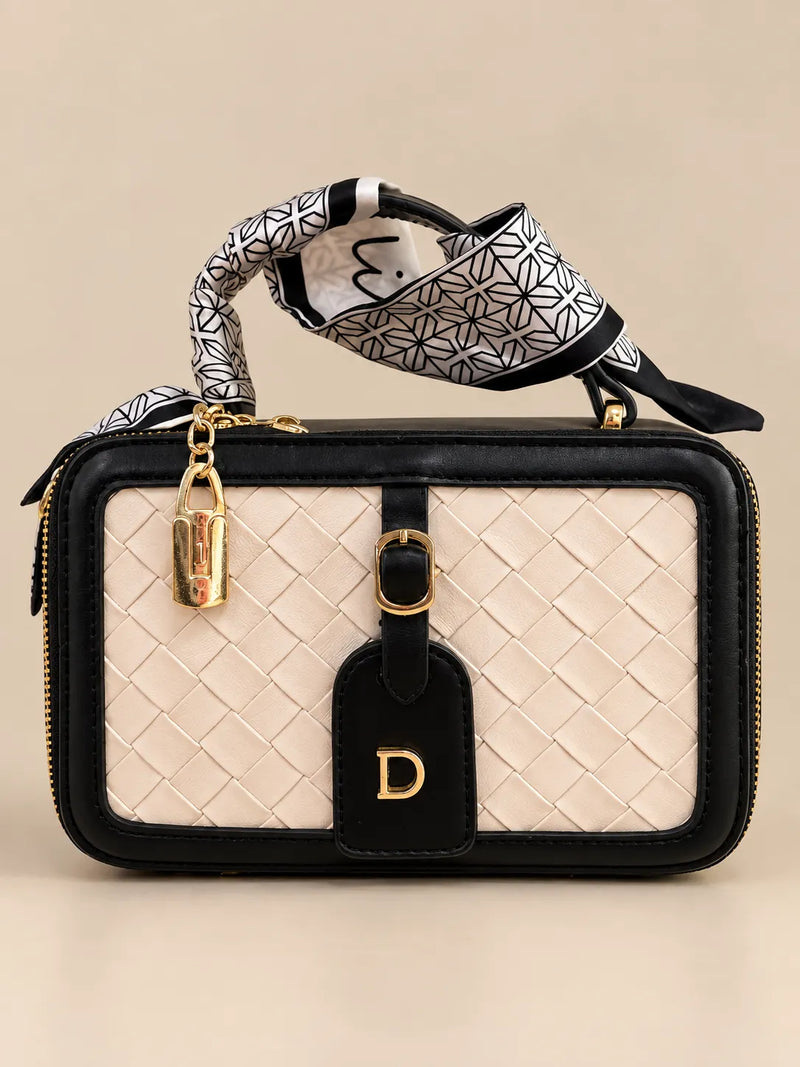Black & Cream Woven Leather Box Bag | Scarf Top-Handle Trunk Purse