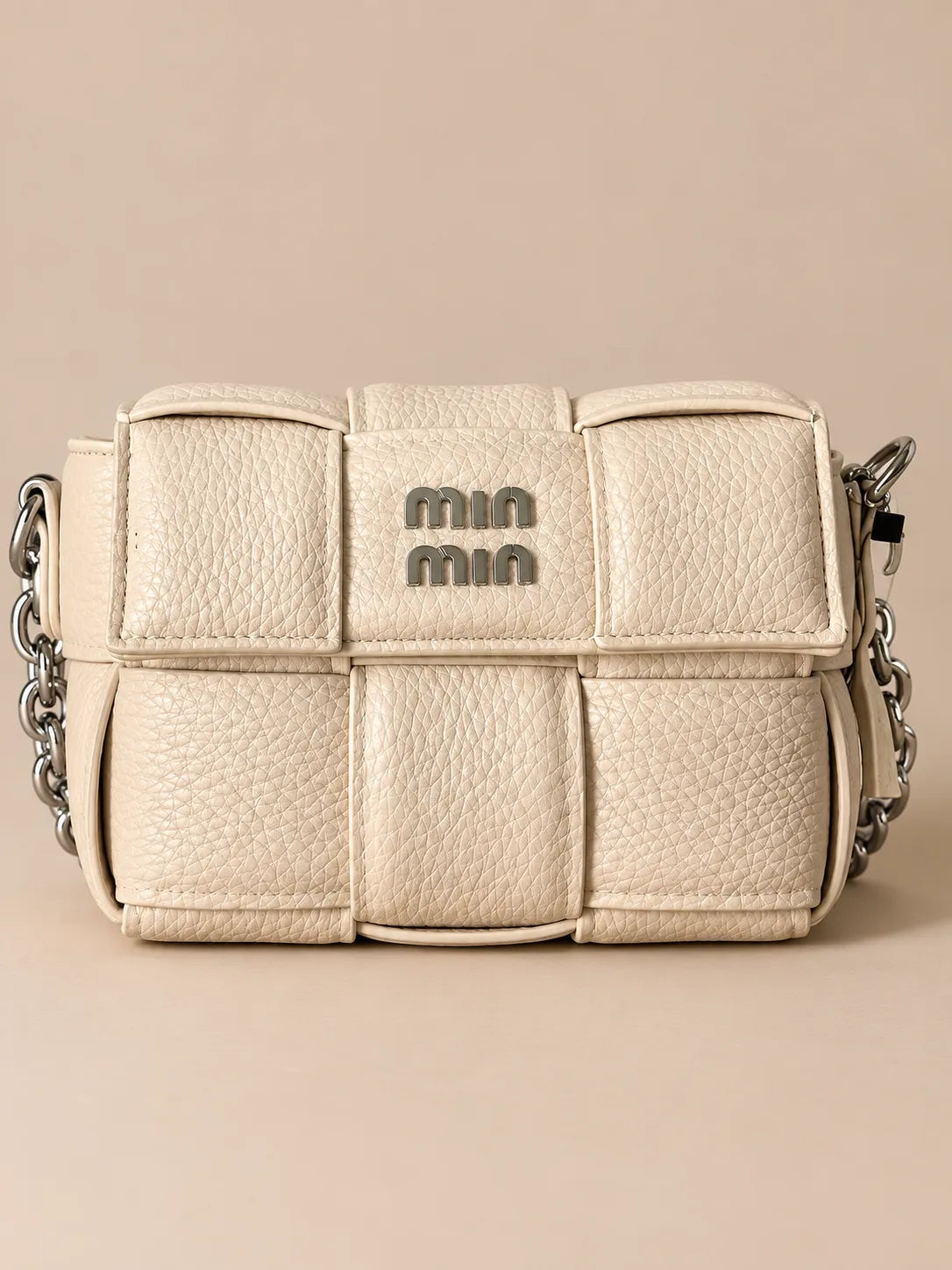 Min Min Off-White Woven Padded Flap Bag | Silver Chain Shoulder Purse with Star Charm