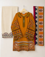 Mustard Yellow Embroidered Short Kurti 3-Piece Stitched Suit with Embroidered Shalwar & Printed Dupatta