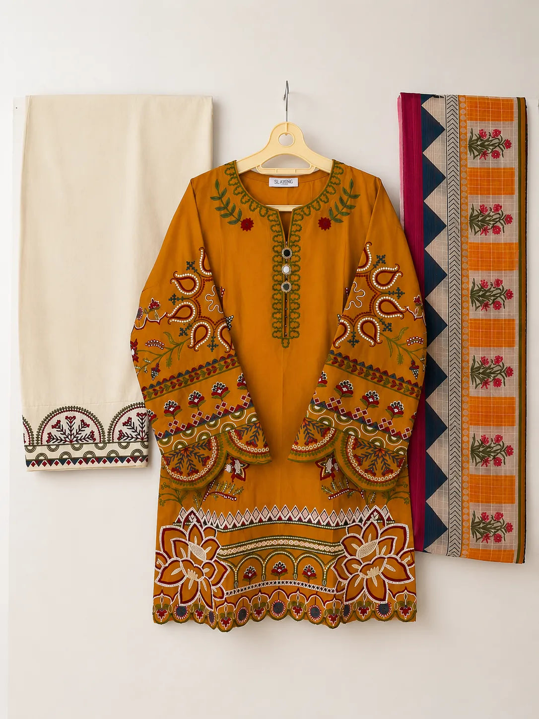 Mustard Yellow Embroidered Short Kurti 3-Piece Stitched Suit with Embroidered Shalwar & Printed Dupatta