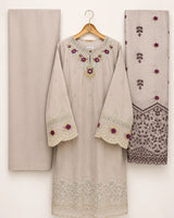 Dove Grey & Purple Floral Embroidered 3-Piece Stitched Suit with Chikankari Hem & Embroidered Dupatta