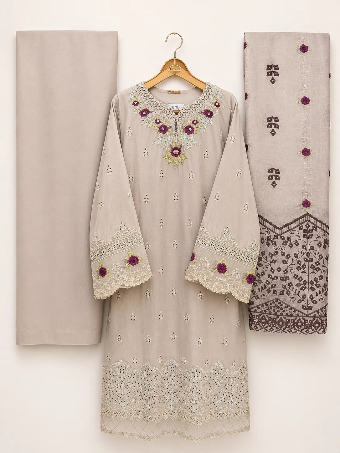 Dove Grey & Purple Floral Embroidered 3-Piece Stitched Suit with Chikankari Hem & Embroidered Dupatta