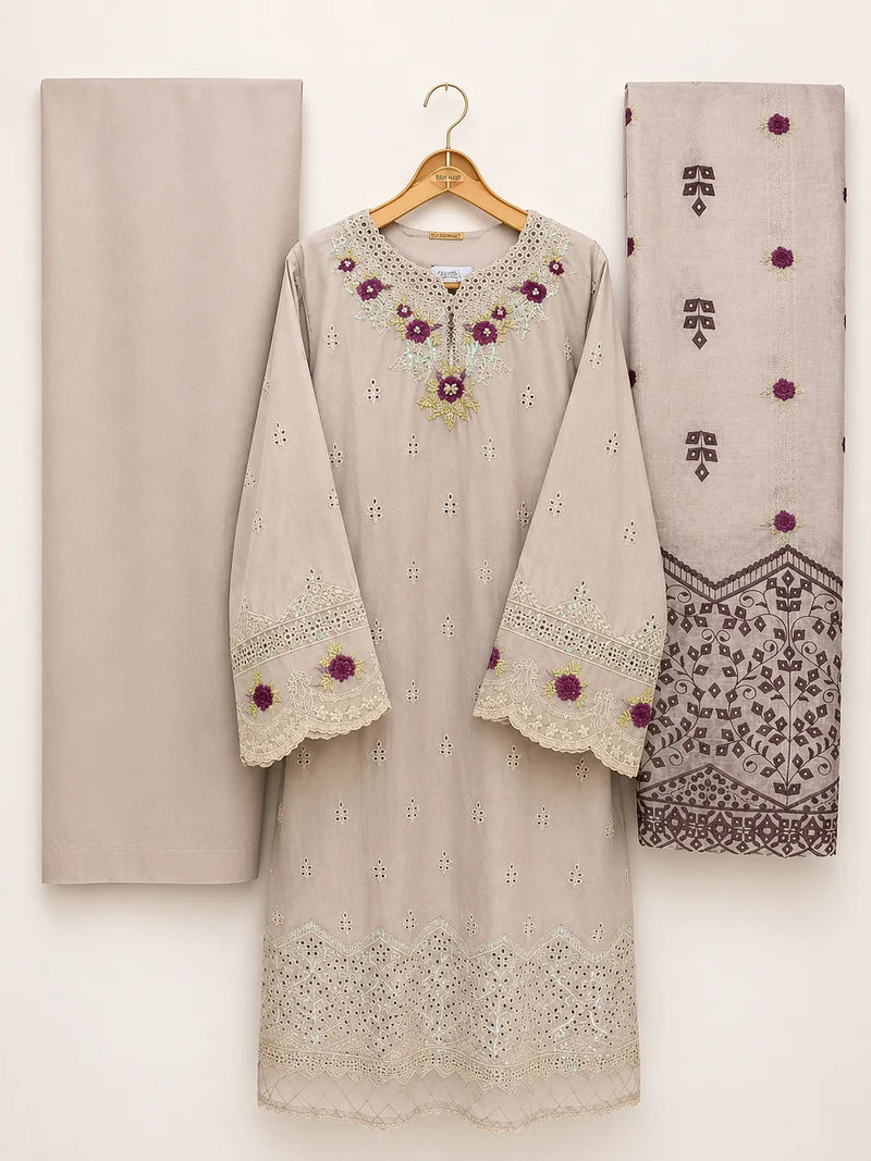 Dove Grey & Purple Floral Embroidered 3-Piece Stitched Suit with Chikankari Hem & Embroidered Dupatta