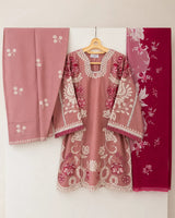 Salmon Pink Short Embroidered Lawn 3-Piece Stitched Suit with Embroidered Shalwar & Silk Dupatta