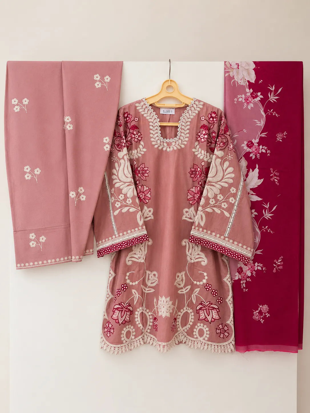 Salmon Pink Short Embroidered Lawn 3-Piece Stitched Suit with Embroidered Shalwar & Silk Dupatta