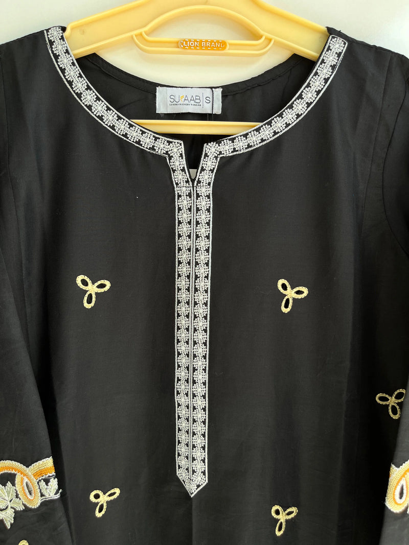 Black & White Embroidered Short Shirt 3-Piece Stitched Suit with Bamber Dupatta