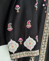 Black Embroidered Long Ambi/Paisley 3-Piece Stitched Suit with Printed Dupatta
