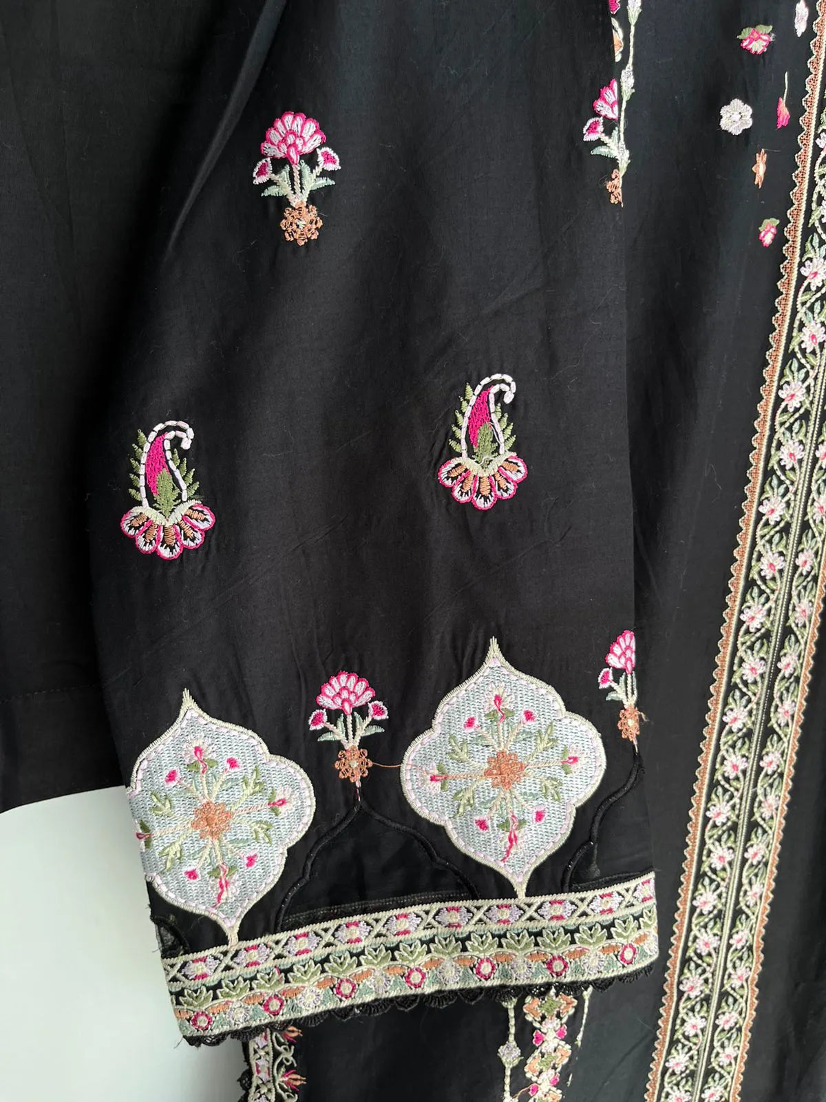 Black Embroidered Long Ambi/Paisley 3-Piece Stitched Suit with Printed Dupatta